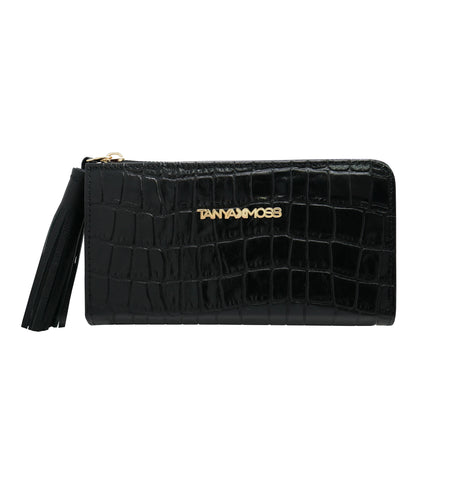 Cartera Flat Mujer Piel Negra Cremallera Top Tanya Moss