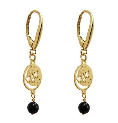 Aretes Mujer Plata 925 Magia Luna Prosperidad Agata Negra Dorado