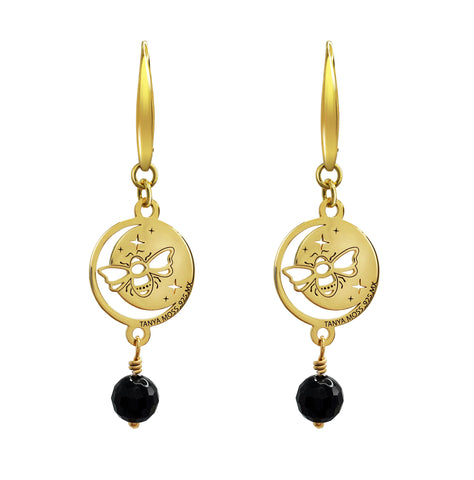 Aretes Mujer Plata 925 Magia Luna Prosperidad Agata Negra Dorado