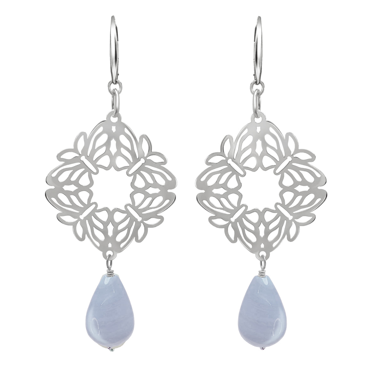 Aretes Mujer Plata 925 Encanto 4 Mariposas Agata Azul