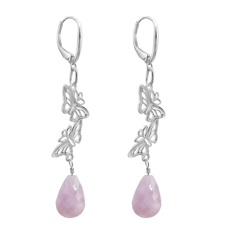 Aretes Mujer Plata 925 Encanto 2 Mariposas Kunzita Gota