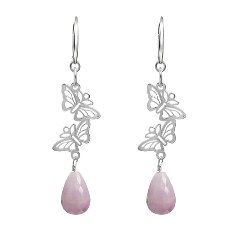 Aretes Mujer Plata 925 Encanto 2 Mariposas Kunzita Gota