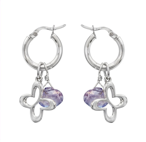 Arracadas Mujer Plata 925 Esenciales Mariposa Cristal Gota Morado